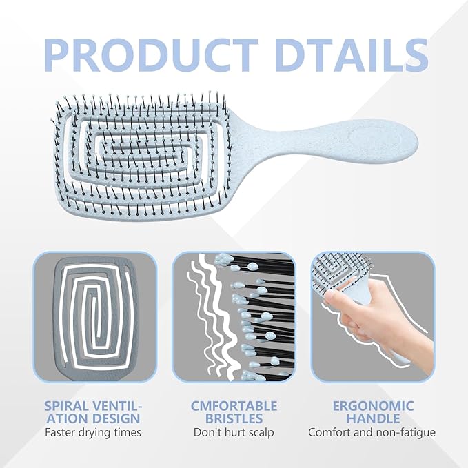 Detangling Brush, Dry and Wet Vented Detangler Hair Brush for Women and Men, Professional Paddle Curved Styling Hairbrush for Straight/Curly/Thick/Long/Wavy/Damaged Hair, Blue