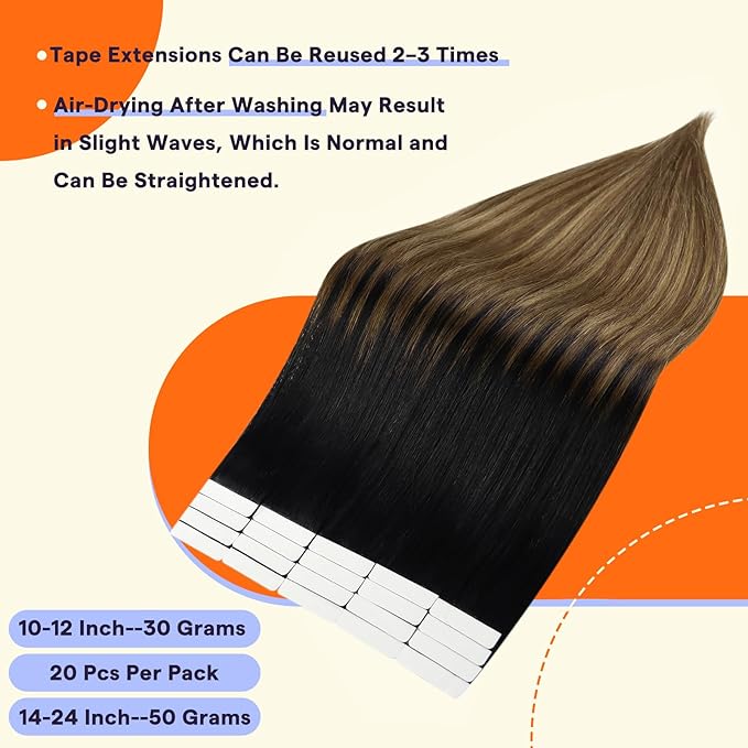 Full Shine Hair Extensions Real Human Hair Tape in Color 1B Dark Roots Fading to 6 and 27 Honey Blonde Straight Soft Tape Ins Human Hair Extensions 22 Inch Invisible Balayage Hair 50g 20PCS for Party