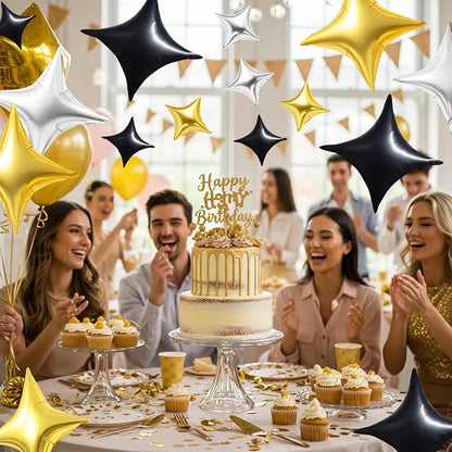 TONIFUL 30Pcs Four Pointed Star Balloon Black Gold Silver Foil Balloon | - Image 6