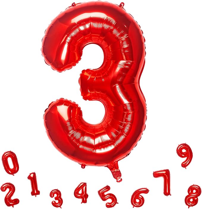 32 Inch Red Number 3 Balloons Foil Ballon Digital Birthday Party Decoration by MEIDUOCO