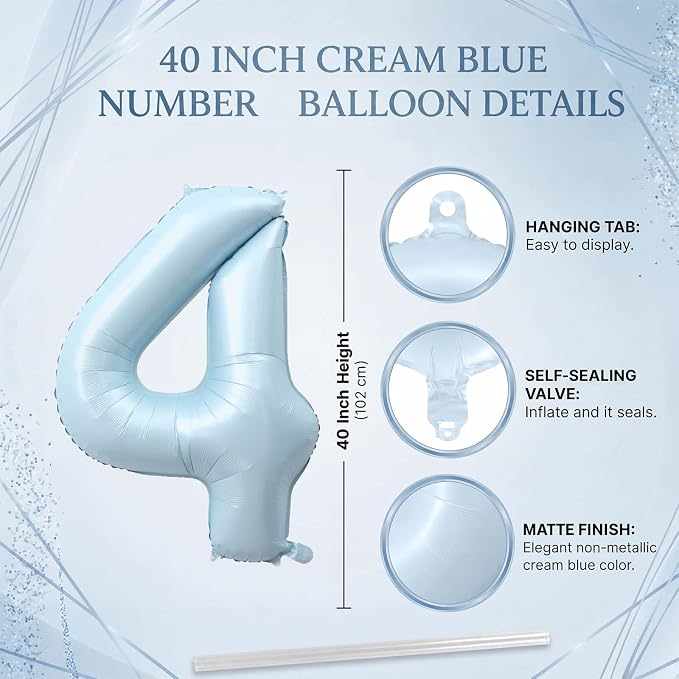 Baby Blue Number 4 Balloon 40 Inch, Sky Pastel Foil Numeral Party Supplies | - Image 4