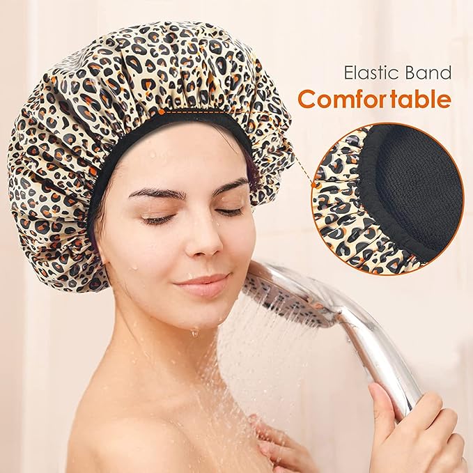 Auban Shower Cap, Shower Cap for Women Terry Cloth Lined EVA Exterior Reusable Double Layer Waterproof, Large Bath Hair Cap, Hotel Travel Essentials Accessories Cleaning Supplies (Leopard)