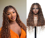 Human Hair Boho Curls Hand-Tied HD Full Lace Wig - 24" Salon-Level Small Box Synthetic Braids (100 Braids, High Density) Pre-Cut Swiss HD Lace, Pre-Plucked, Knotless - 1B/30 Ombre Brown