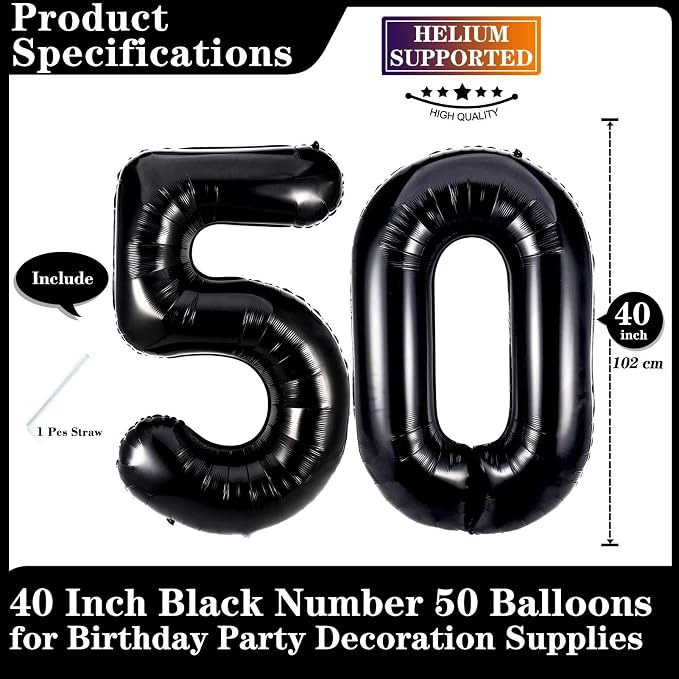 Black 50 Number Balloons, 40 Inch Giant Number 50 Balloons Foil Mylar Helium - Image 2