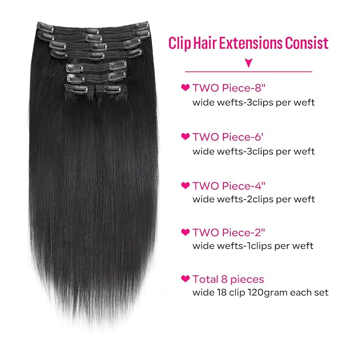 Yaki Straight Clip in Hair Extensions Real Human Hair 8Pcs Brazilian Human hair Clip ins for Black Women, Natural Soft Human Hair 120g 16inch #1B Natural Black