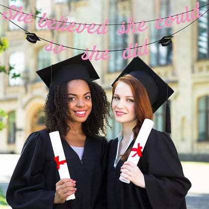 Hoogict She Believed She Could So She Did Pink Graduation Banner Decorations - Image 3