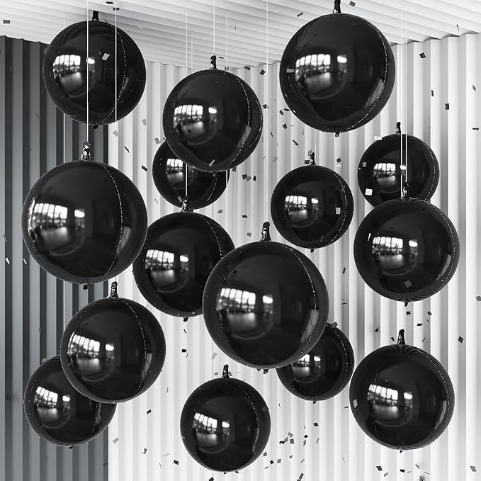 14 Pcs Black Round Foil Balloons Halloween Black 4D Ball Balloons | Black Mylar by Froova