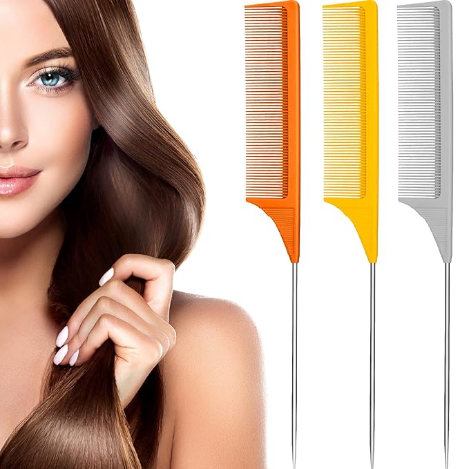 Leinuosen 3 Packs Rat Tail Comb Steel Pin Rat Tail Carbon Fiber Heat Resistant Teasing Combs with Stainless Steel Pintail (Orange, Ginger, Grey)