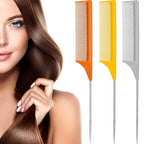 Leinuosen 3 Packs Rat Tail Comb Steel Pin Rat Tail Carbon Fiber Heat Resistant Teasing Combs with Stainless Steel Pintail (Orange, Ginger, Grey)
