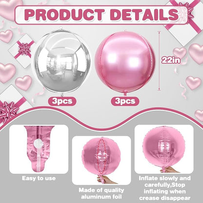 6Pcs Pink Silver Round Foil Balloons, Giant 4D Round Ball Balloon, 22 Inch - Image 2