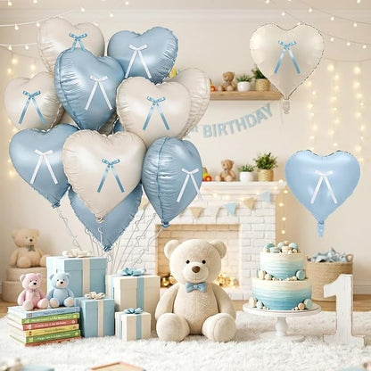 Blue White Heart Balloons with Ribbon Bow, 18 Inch Helium Balloon with Bow - Image 4