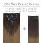 WENNALIFE Clip in Hair Extensions Real Human Hair, 16 Inch 150g 9pcs Remy Hair, Ombre Dark Brown to Light Chestnut Brown Straight Natural Extensiones De Cabello Humano Con Clip Ins