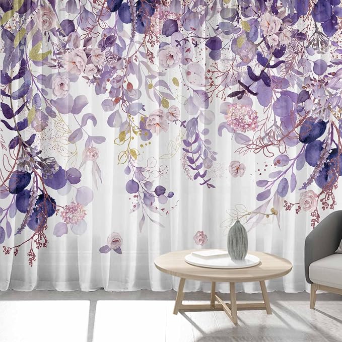 Purple Floral Sheer Curtains 84 Inch Length 2 Panels, Eucalyptus Leaves - Image 6
