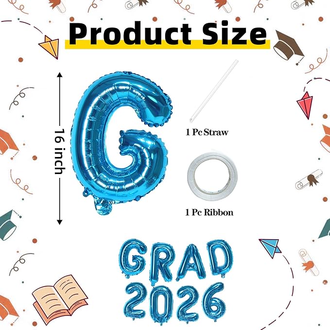 Blue GRAD 2026 Banner Balloons, 16 Inch Mylar Foil letter Graduation Balloons - Image 2