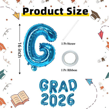 Blue GRAD 2026 Banner Balloons, 16 Inch Mylar Foil letter Graduation Balloons - Image 2