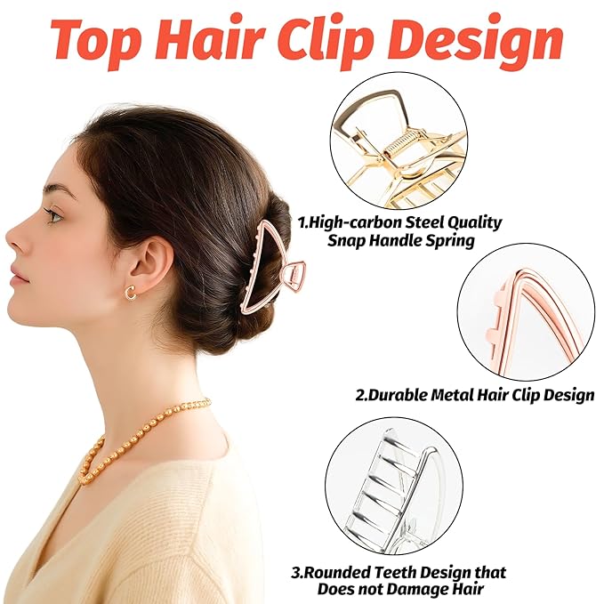 VinBee Metal Hair Clips for Women Hair Claw Clips Medium for Thick Hair 3 Pack (Silver + Gold + Rose Gold)