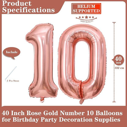 Rose Gold 10 Number Balloons, 40 Inch Giant Number 10 Balloons Foil Mylar - Image 2