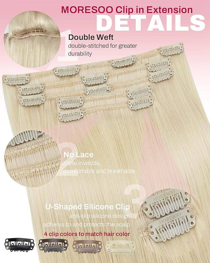 Moresoo Blonde Clip in Hair Extensions Platinum Blond Human Hair Clip in Extensions Golden Blonde Long And Straight 80g/5pcs 20 inch