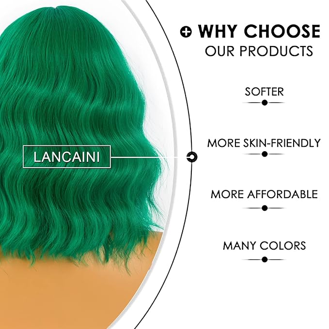 Short Bob Wigs with Bangs for Women Loose Wavy Wig Curly Wavy Shoulder Length Bob Synthetic Cosplay Wig for Girl Colorful Costume Wigs (Green)