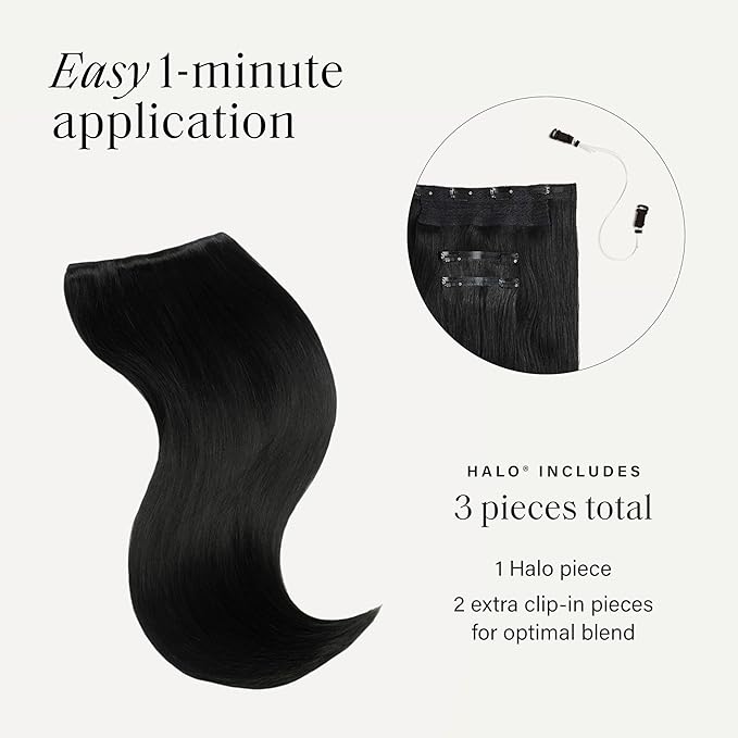 Luxy Hair 20" Jet Black Halo Clip-In Hair Extensions (180 grams) 100% Remy Human Hair, Quick Volume, 10-Piece Set, Blends Easily