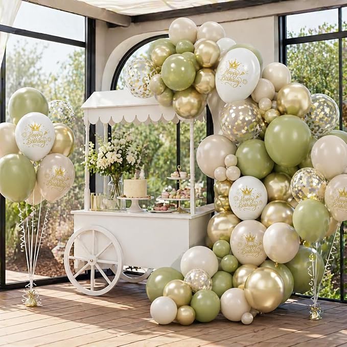 Sage Green Sand White Gold Birthday Balloons, 12 Inch Olive Green Cream Beige - Image 7