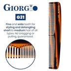 Giorgio G31 Fine Tooth and Wide Tooth Hair Comb, Styling Comb, Grooming Hair Combs for Women, Mens Beard Care Combs for Detangling and Styling - Handmade Saw-Cut and Hand Polished (TortoiseShell)