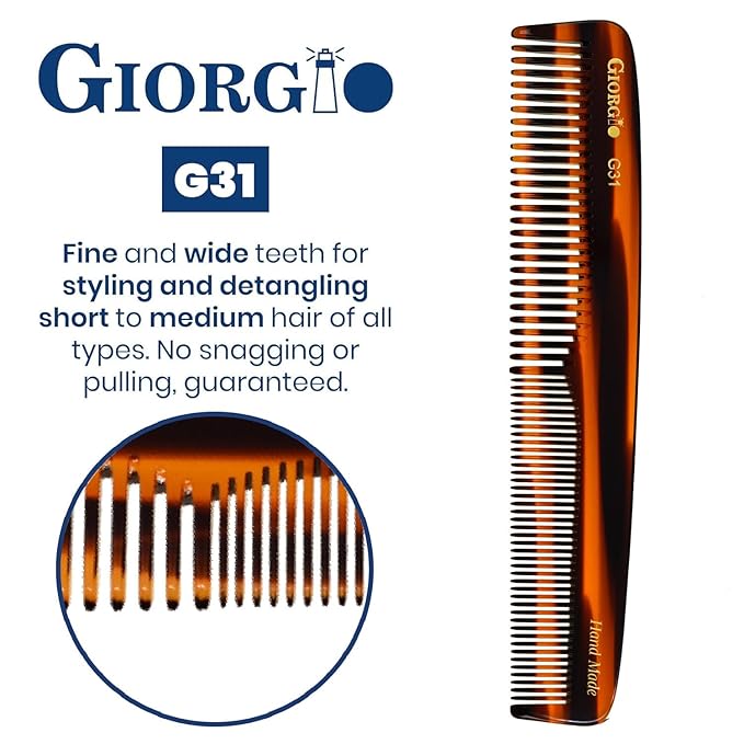 Giorgio G31 TortoiseShell Fine Tooth and Wide Tooth Hair Comb, Styling Comb, Grooming Hair Combs for Women, Mens Beard Care Combs for Detangling and Styling - Handmade Saw-Cut and Hand Polished