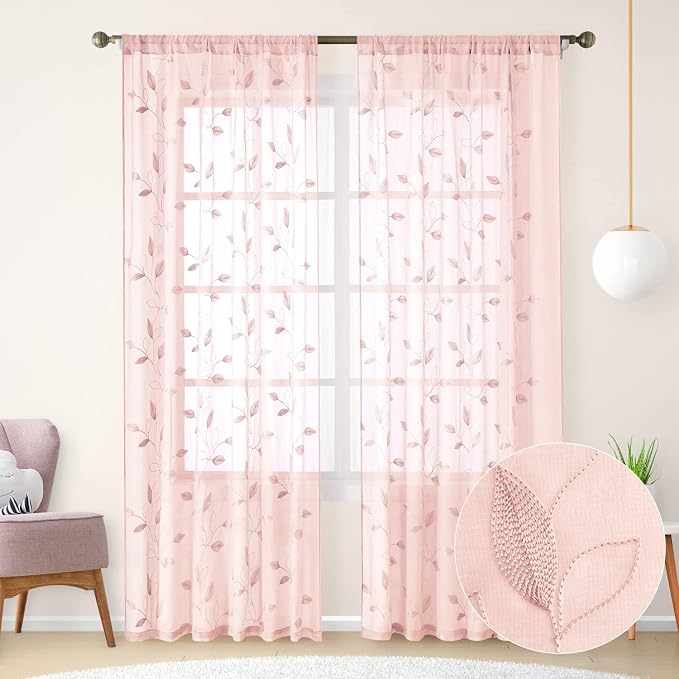 HOMEIDEAS Blush Pink Sheer Curtains W52 x L96, Embroidered Vine Leaf | 2 Panels by HOMEIDEAS