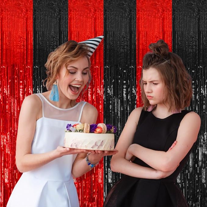 5 Pack Black and Red Party Backdrop Streamers Decorations Foil Fringe Curtains - Image 4
