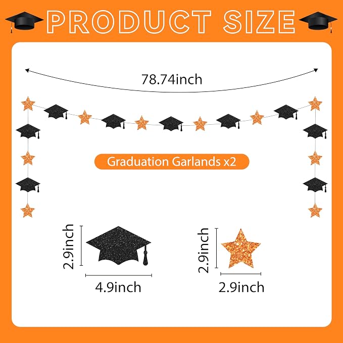Black and Orange Congrats Grad Banner, Class of 2026 Banner and Graduation Caps - Image 5
