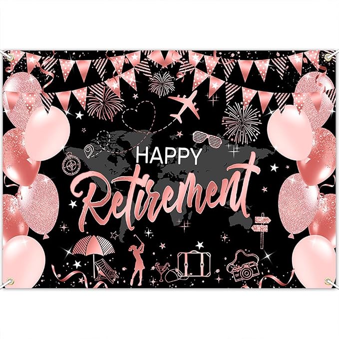 Mocsicka Happy Retirement Backdrop Pink Rose Gold Balloons Women Happy by Mocsicka
