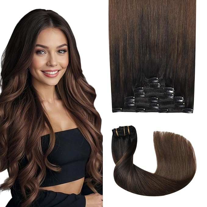 Pro2.0 Clip in Hair Extensions Real Human Hair 20inch 7pcs Color #1BT4 Natural Black Fading to Middle Brown Remy Real Human Hair Extensions Clip ins 120g Thick Double Weft（#1BT4-20inch）