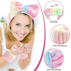 3PCS Spa Headband and Wristbands Set for Women, Soft Microfiber Face Wash Headband with Cute Bow, Elastic Absorbent Wrist Towels, Makeup Skincare Accessories for Facial, Shower, Yoga