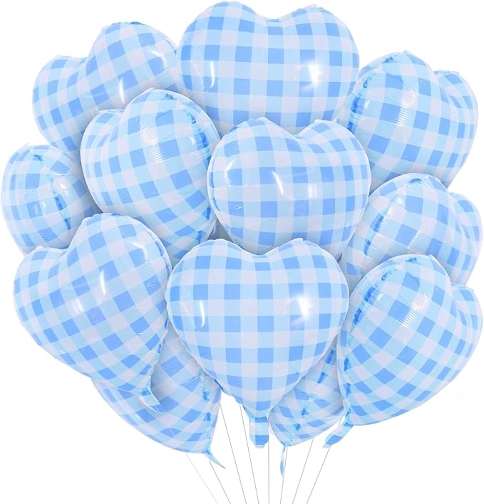 TONIFUL 15 Pcs Blue Gingham Heart Balloons 18 Inch Heart Shape Foil Balloon | by TONIFUL
