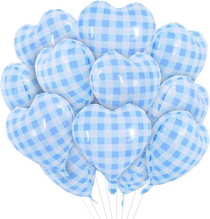 TONIFUL 15 Pcs Blue Gingham Heart Balloons 18 Inch Heart Shape Foil Balloon | by TONIFUL