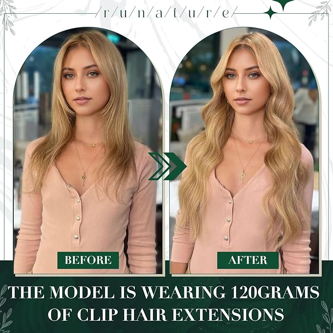RUNATURE Clip in Hair Extensions Real Human Hair Blonde, Short Hair Extensions Clip Ins 10 Inch, Remy Human Hair Clip in Extensions, Add Hair Volume, 50g 3pcs #16P24 Golden Blonde Highlights