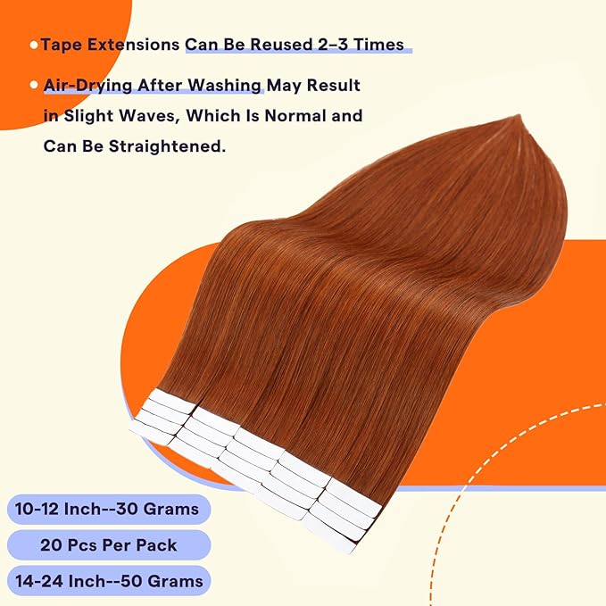 Full Shine Tape in Hair Extensions 14 Inch Color 550 Copper Invisible Natural Double Sided Tape in Extensions Human Hair 50Grams Natural Straight Seamless Remy Extensions for Women 20PCS Add Volume