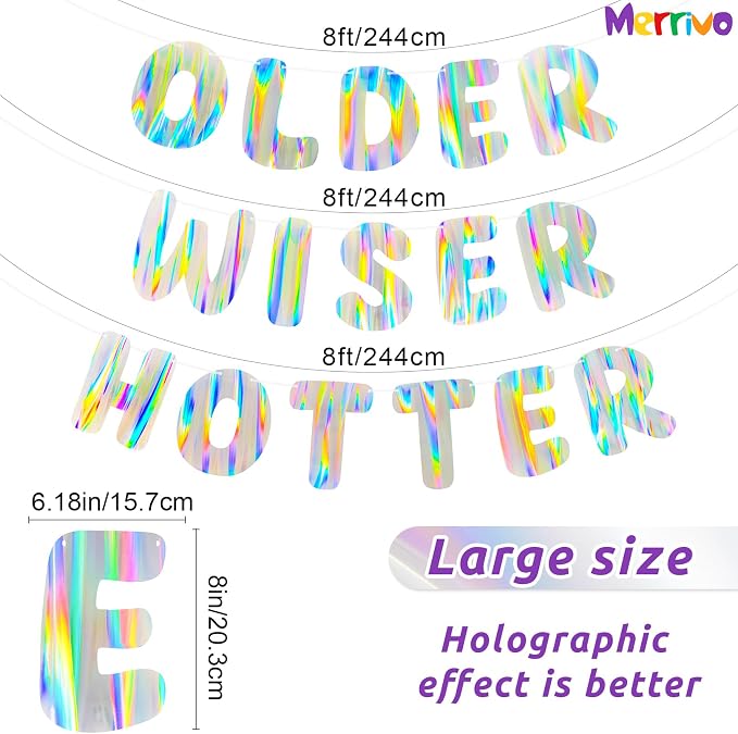 Iridescent Older Wiser Hotter Banner, Pre-Strung Funny Birthday Decorations - Image 2