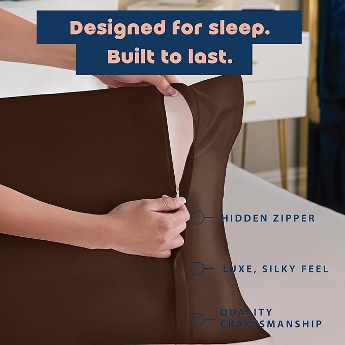 BLISSFORD Brown Satin Pillowcase with Zipper, for Hair and Skin Care, Feels Soft and Cool Like a Silk Pillowcase, Satin Pillow Cases 2 Pack, Slik Pillow Cover, Standard Size, Set of 2
