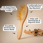 Snow Fox Skincare Gua Sha Hair Brush - Wooden Edition. Scalp Massage Comb with Gold-Plated Metal Bristles for Healthy Follicles. Soothing Gua Sha Acupressure Tool for All Hair Types