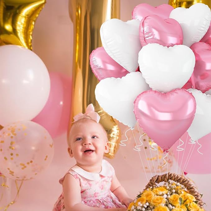 White-Pink Heart Balloons, 18inch Bright Pink Heart Shaped Foil Balloons & - Image 2
