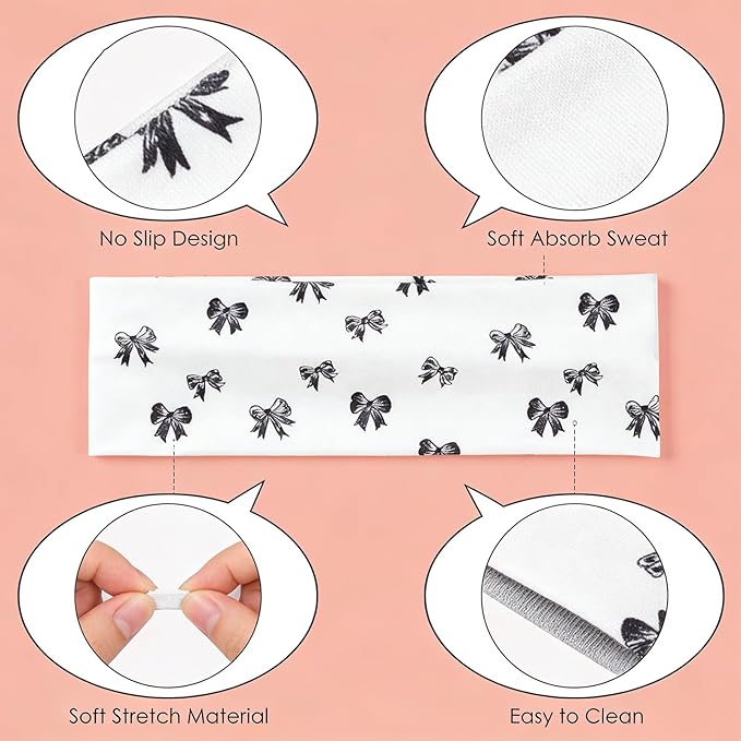 6 Pack Headbands for Women Trendy Bow Print, Cherry Thick Elastic Headbands Non Slip Fashion Head Bands for Workout Yoga Running Sport