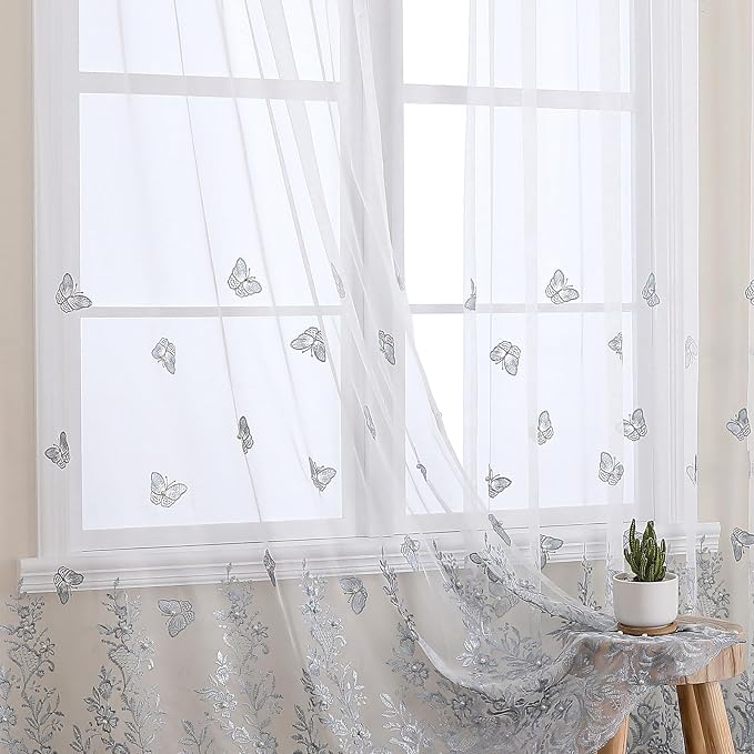 White Sheer Voile Curtains Blue Embossed Butterflies 54Wx72L Inch | Light - Image 6