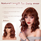 Bob Wig With Bangs Wave Wigs for Women 14 Inch Short Loose Wavy Heat Resistant Synthetic Wig Shoulder Length Hair for Daily and Cospaly Party Use (Auburn)