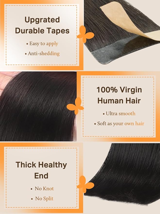 DOORES Real Human Hair Extensions, Natural Black 26 Inch 30g 10pcs, Tape in Long Straight Remy Hair