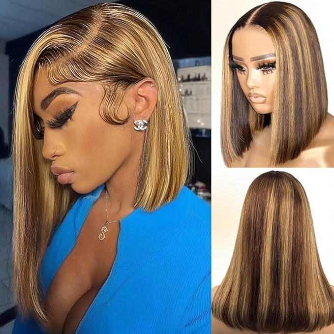 4/27 Ombre Highlight Bob Wig Human Hair 14 inch straight 427 bob wig 13x4 Highlight HD Lace Frontal Bob Wig Human Hair 180% Density Pre Plucked Ombre Short Bob Wigs for Black Women