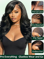 KLAIYI Pre Everything Glueless Layer Side Part Loose Body Wave 13x4 Lace Front Wigs Human Hair Drawstring Curtain Bangs Face framing Pre Bleached Knots Pre Plucked 3S Ready to Put On and Go Wig 20Inch