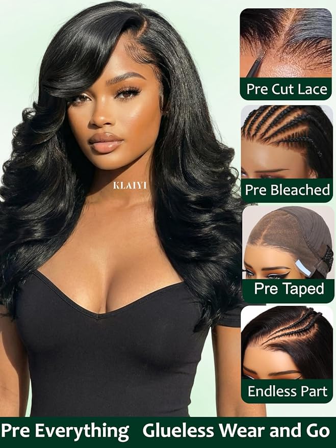 KLAIYI Pre Everything Glueless Layer Side Part Loose Body Wave 13x4 Lace Front Wigs Human Hair Drawstring Curtain Bangs Face framing Pre Bleached Knots Pre Plucked 3S Ready to Put On and Go Wig 20Inch