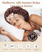 AWAYTR Silk Bonnet for Sleeping Women 100% Mulberry Silk Bonnet with Band 2 Layer Reversible Hair Bonnet Sleeping Hair Wrap (Dark Brown/Light Champagne)