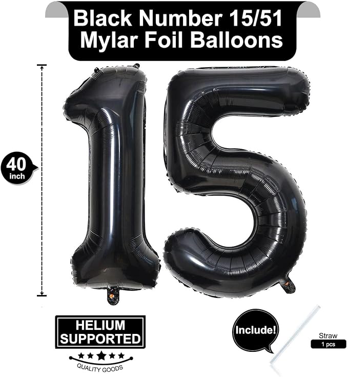 40 Inch Black 15 Number Balloons Giant 15 Balloons Black Birthday Balloons 15th - Image 2